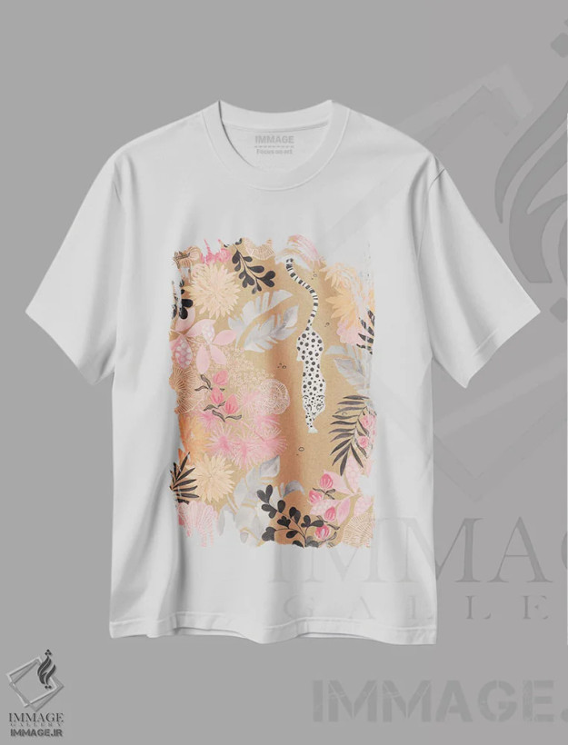 تیشرت سفید طرح دار کاغذ کرافت پلنگ در حال کمین، دکور بوهمی اثر کریتینگ تارین | فروشگاه ایماژ