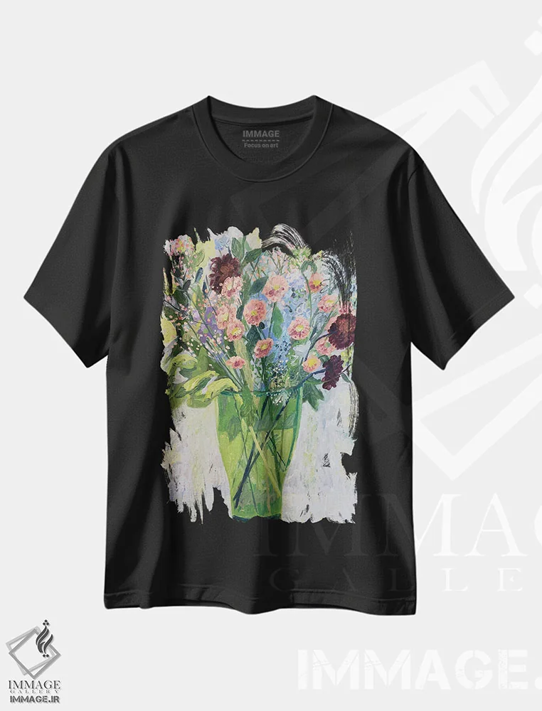 تیشرت مشکی طرح دار ستاره ای های نارنجی، هنر فاخر معاصر اثر شارلوت هاردی | فروشگاه ایماژ