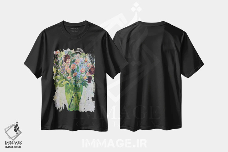 تیشرت مشکی طرح دار ستاره ای های نارنجی، هنر فاخر معاصر اثر شارلوت هاردی | فروشگاه ایماژ