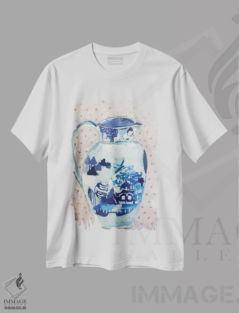 تیشرت سفید طرح دار پارچ بید آبی، هنر فاخر معاصر اثر شارلوت هاردی | فروشگاه ایماژ