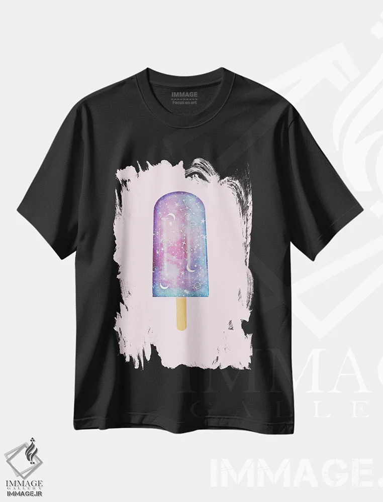 تیشرت مشکی طرح دار بستنی یخی کهکشانی، هنر فاخر معاصر اثر امانوئلا کاراتونی | فروشگاه ایماژ