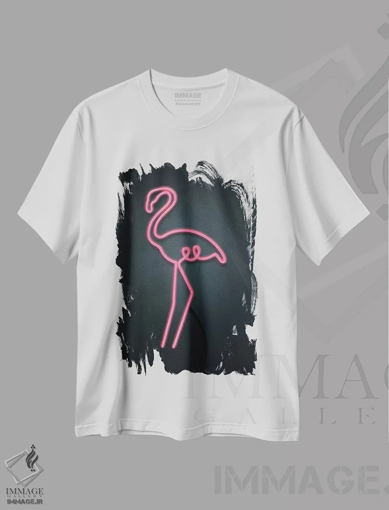 تیشرت سفید طرح دار فلامینگوی نئونی، تزئینی اثر امانوئلا کاراتونی | فروشگاه ایماژ