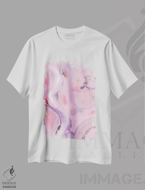 تیشرت سفید طرح دار اگات مرجانی و بنفش زنده، تزئینی اثر امانوئلا کاراتونی | فروشگاه ایماژ