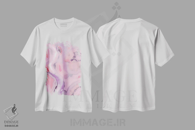 تیشرت سفید طرح دار اگات مرجانی و بنفش زنده، تزئینی اثر امانوئلا کاراتونی | فروشگاه ایماژ