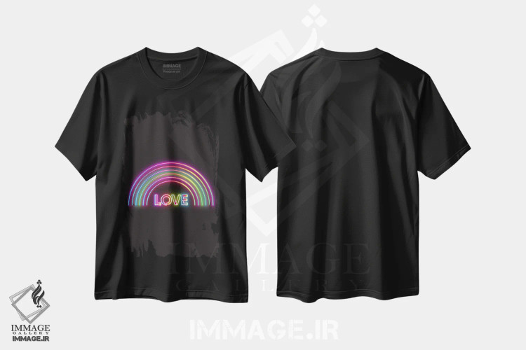تیشرت مشکی طرح دار عشق رنگین کمانی نئونی، هنر دیجیتال اثر امانوئلا کاراتونی | فروشگاه ایماژ