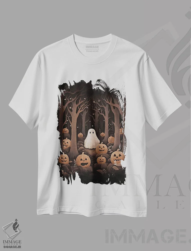 تیشرت سفید طرح دار روح و کدو تنبل ها، دکوراسیون جایگزین اثر امانوئلا کاراتونی | فروشگاه ایماژ