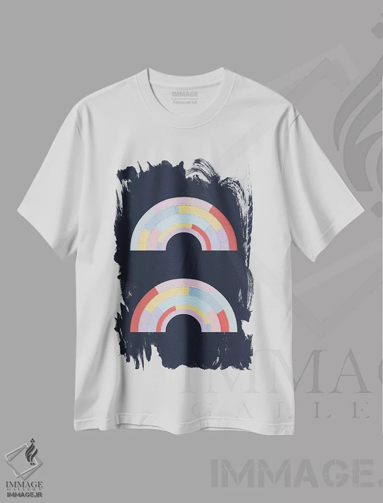 تیشرت سفید طرح دار رنگین کمان خطی II، آبستره اثر امانوئلا کاراتونی | فروشگاه ایماژ