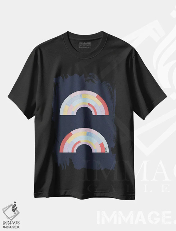 تیشرت مشکی طرح دار رنگین کمان خطی II، آبستره اثر امانوئلا کاراتونی | immage.ir