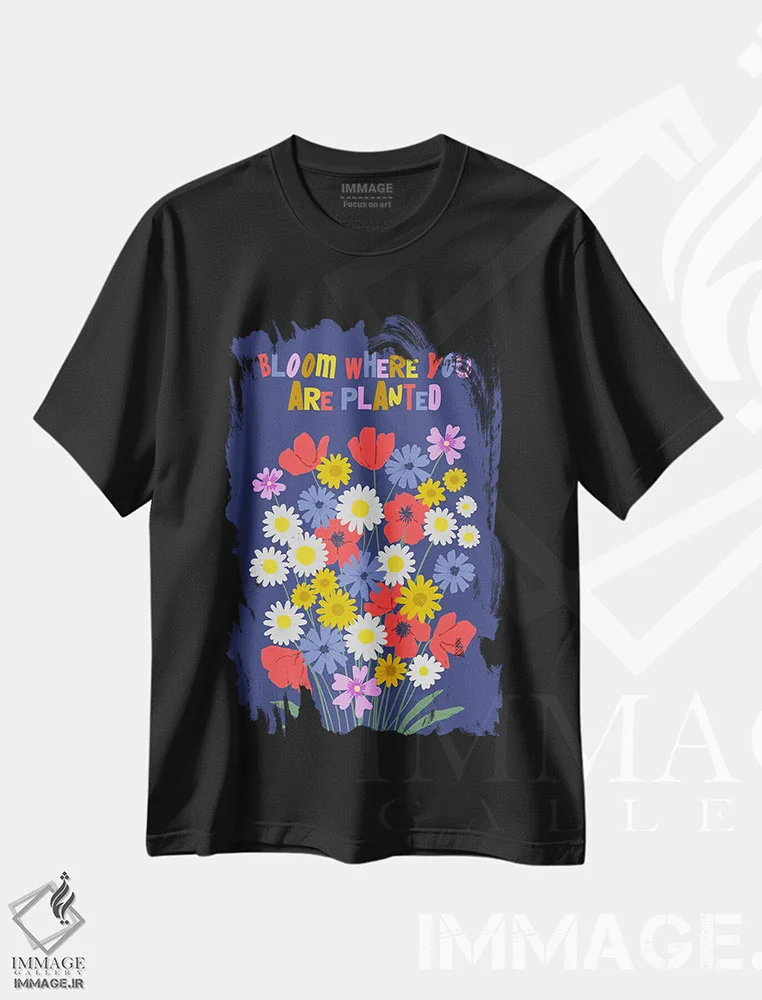 تیشرت مشکی طرح دار شکوفه بده، تزئینی اثر امانوئلا کاراتونی | فروشگاه ایماژ
