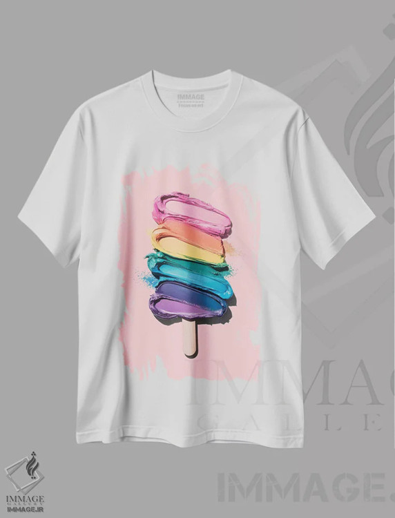 تیشرت سفید طرح دار بستنی رنگین کمانی، تزئینی اثر امانوئلا کاراتونی | فروشگاه ایماژ