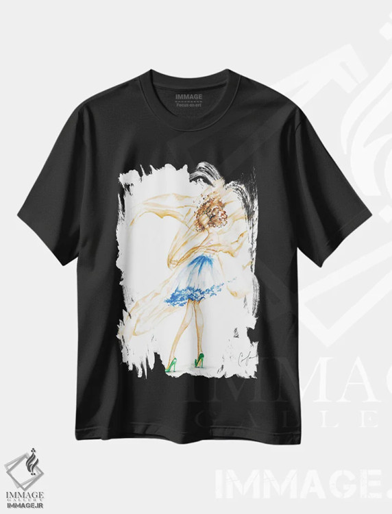 تیشرت مشکی طرح دار پارچه در باد، تزئینی اثر کلر تامپسون | فروشگاه ایماژ
