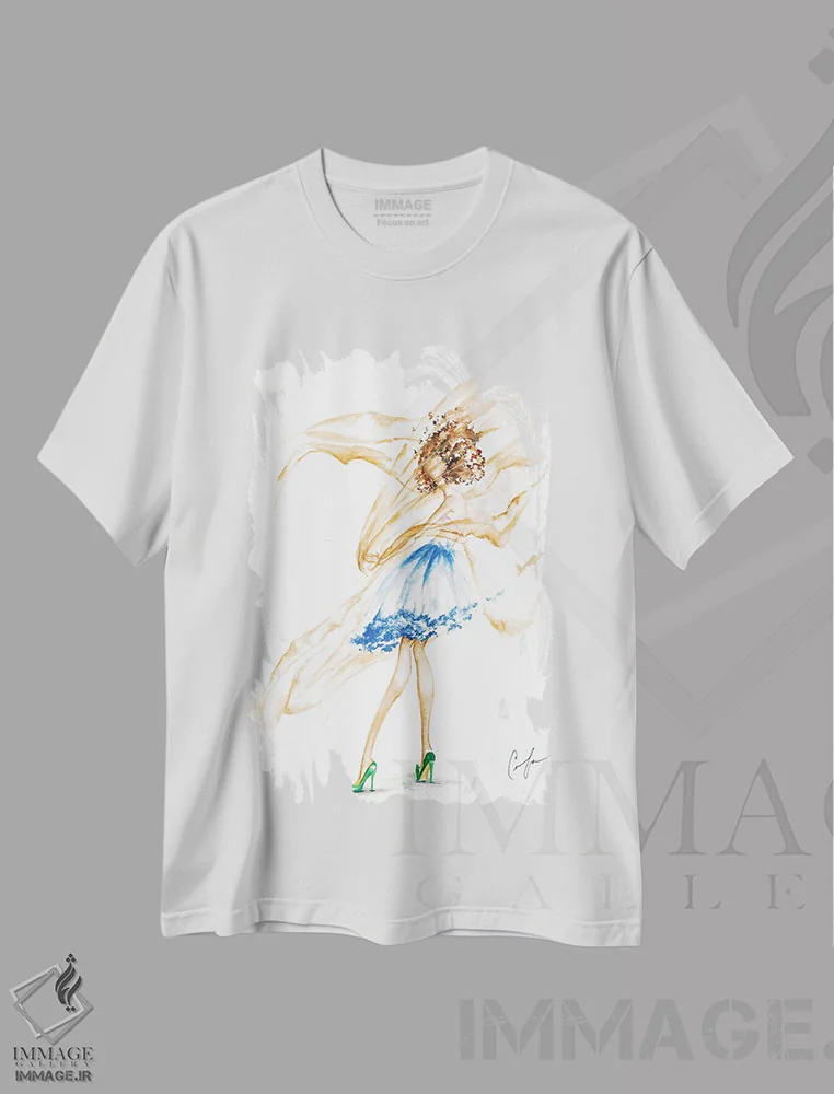 تیشرت سفید طرح دار پارچه در باد، تزئینی اثر کلر تامپسون | immage.ir