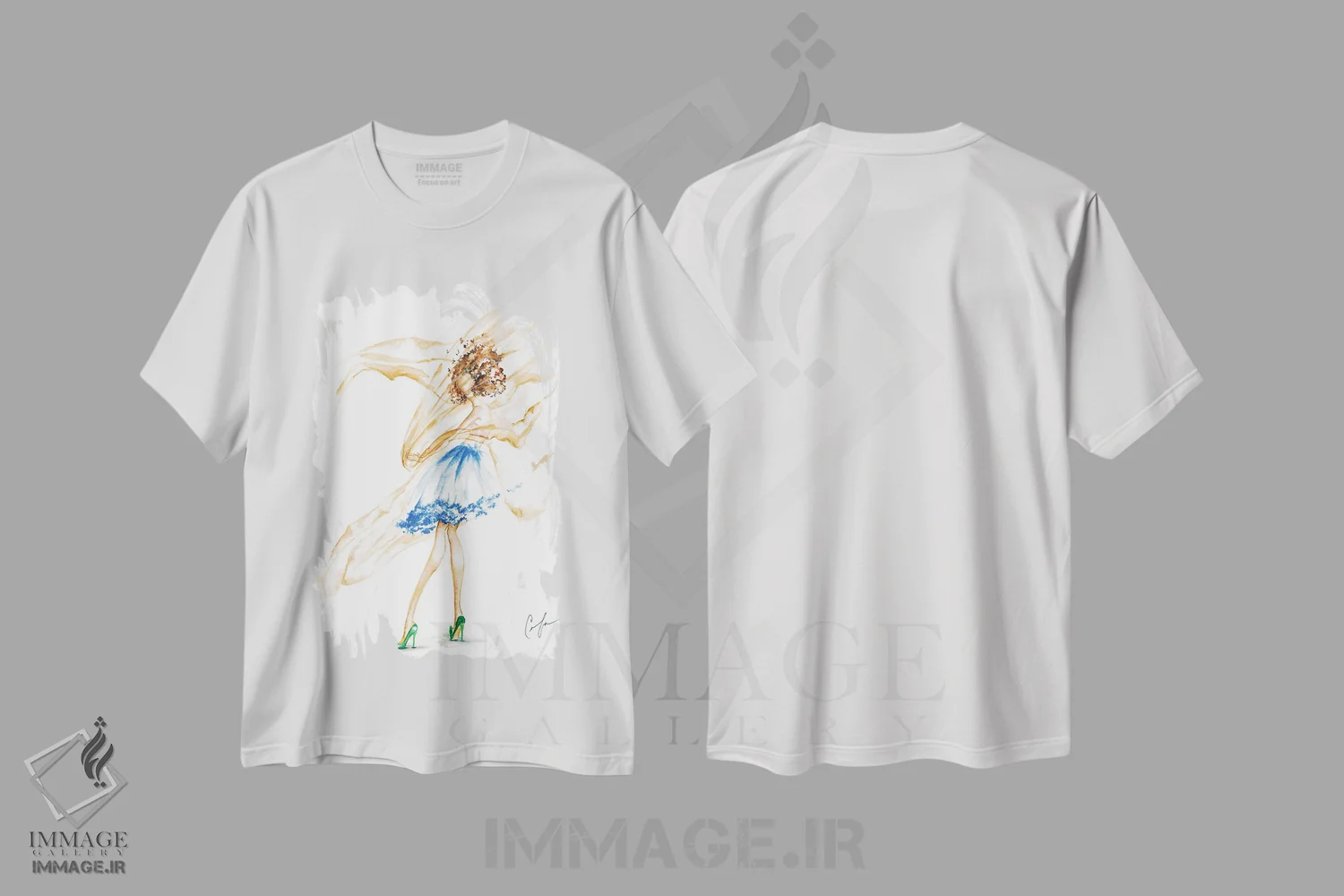 تیشرت سفید طرح دار پارچه در باد، تزئینی اثر کلر تامپسون | immage.ir
