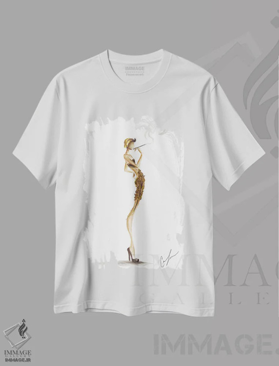 تیشرت سفید طرح دار دود طلایی، تزئینی اثر کلر تامپسون | immage.ir
