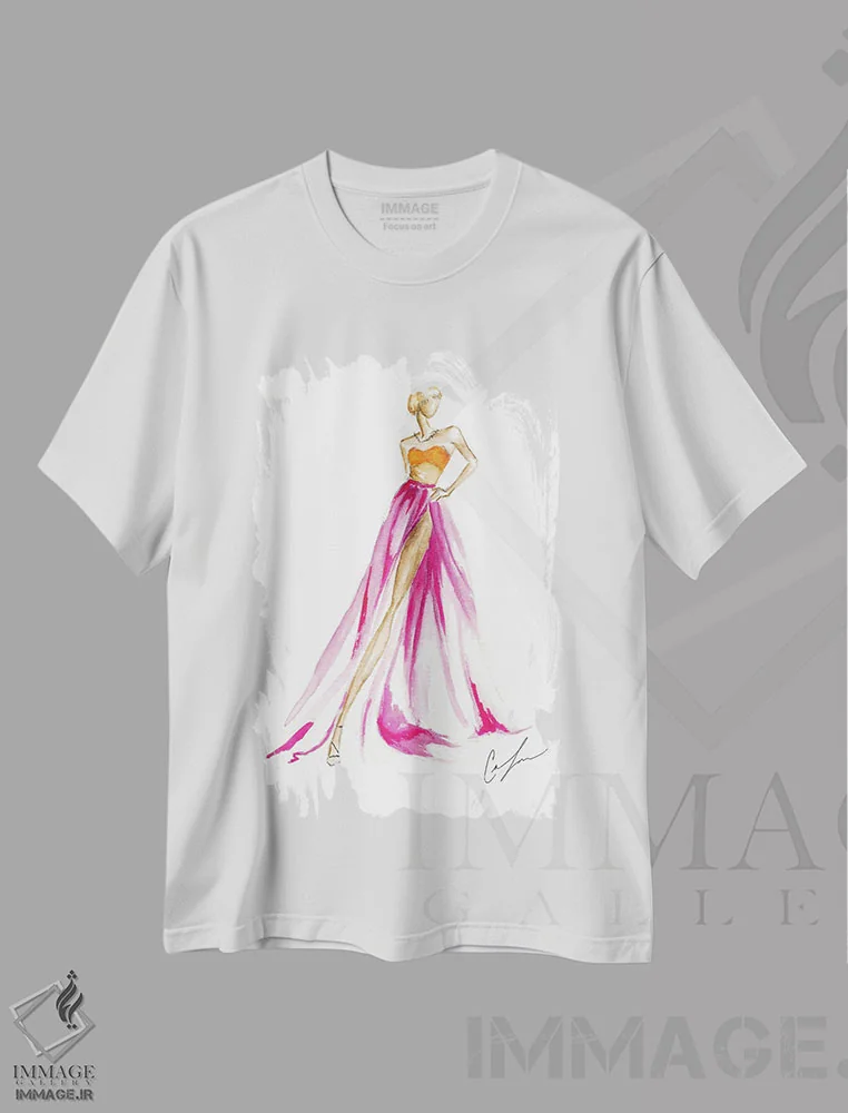 تیشرت سفید طرح دار نارنجی صورتی، تزئینی اثر کلر تامپسون | immage.ir