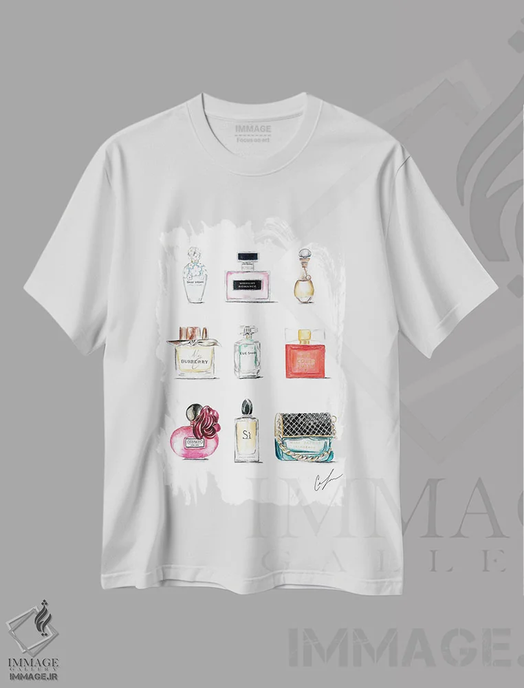 تیشرت سفید طرح دار عطرها، تزئینی اثر کلر تامپسون | فروشگاه ایماژ