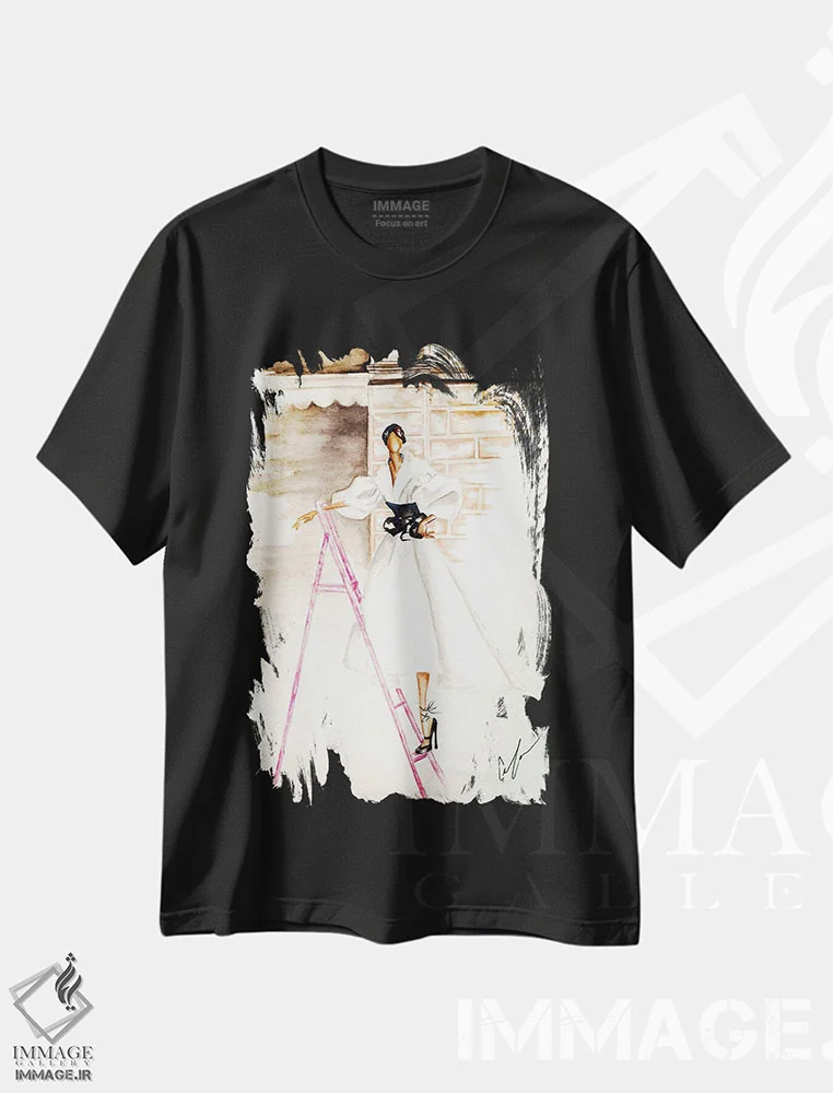تیشرت مشکی طرح دار نردبان صورتی، تزئینی اثر کلر تامپسون | immage.ir