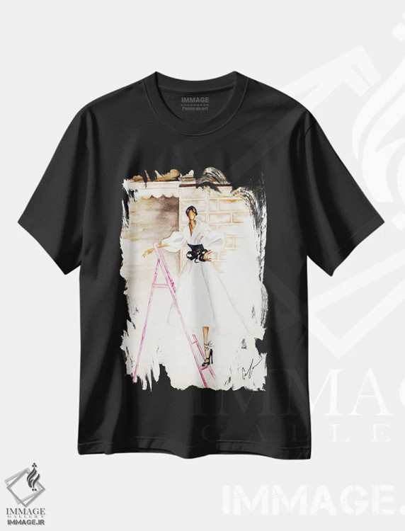 تیشرت مشکی طرح دار نردبان صورتی، تزئینی اثر کلر تامپسون | immage.ir