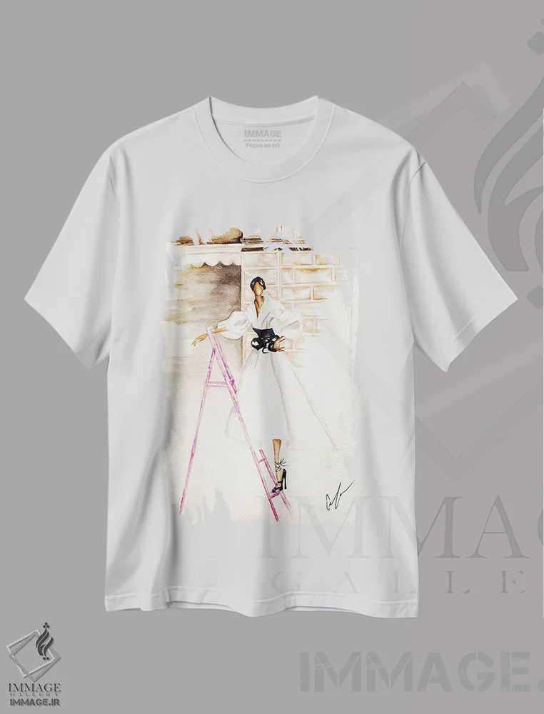 تیشرت سفید طرح دار نردبان صورتی، تزئینی اثر کلر تامپسون | فروشگاه ایماژ