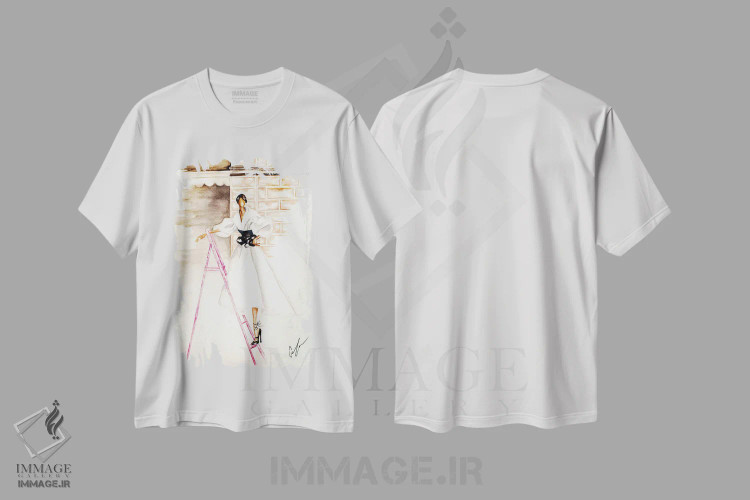 تیشرت سفید طرح دار نردبان صورتی، تزئینی اثر کلر تامپسون | فروشگاه ایماژ