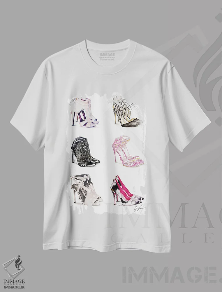 تیشرت سفید طرح دار بهشت کفش ها، تزئینی اثر کلر تامپسون | فروشگاه ایماژ
