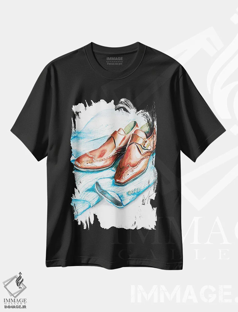 تیشرت مشکی طرح دار کفش و پارچه توئید، تزئینی اثر کلر تامپسون | فروشگاه ایماژ
