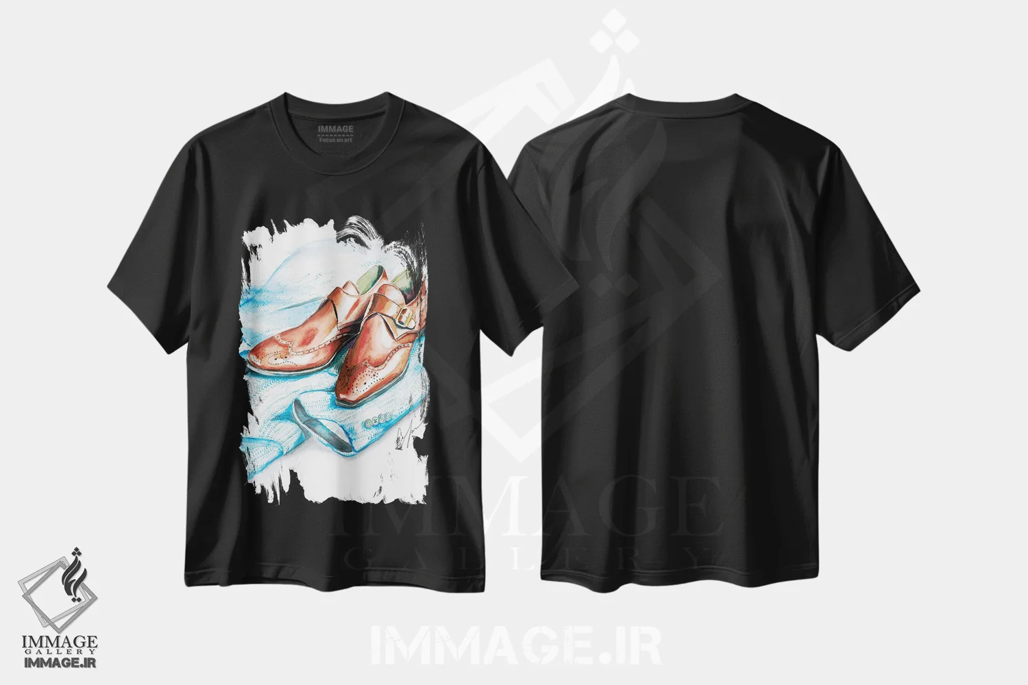 تیشرت مشکی طرح دار کفش و پارچه توئید، تزئینی اثر کلر تامپسون | فروشگاه ایماژ