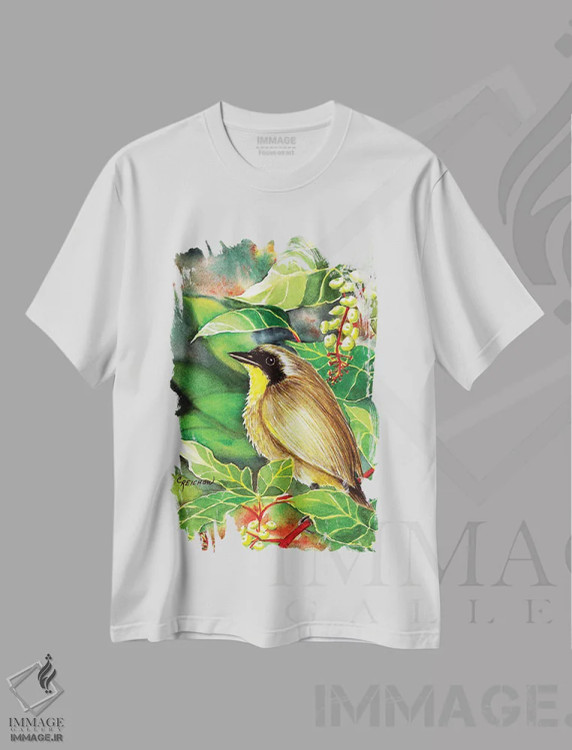 تیشرت سفید طرح دار گلو زرد معمولی، تزئینی اثر کریستین ریشو | فروشگاه ایماژ