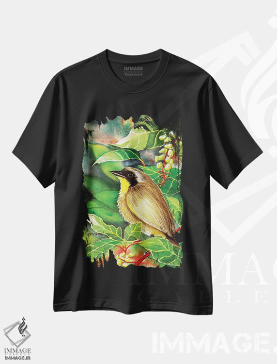 تیشرت مشکی طرح دار گلو زرد معمولی، تزئینی اثر کریستین ریشو | immage.ir