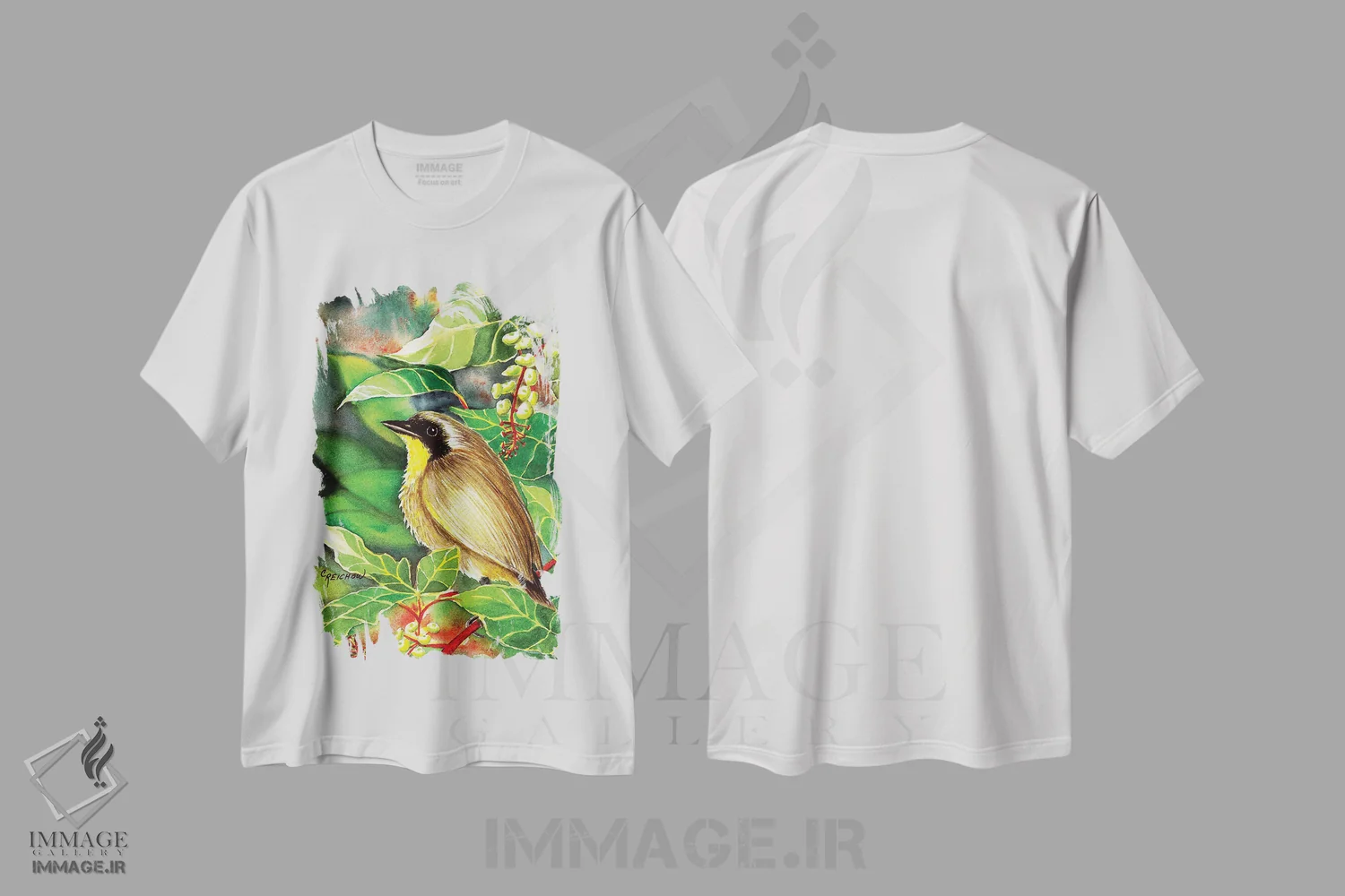 تیشرت سفید طرح دار گلو زرد معمولی، تزئینی اثر کریستین ریشو | فروشگاه ایماژ