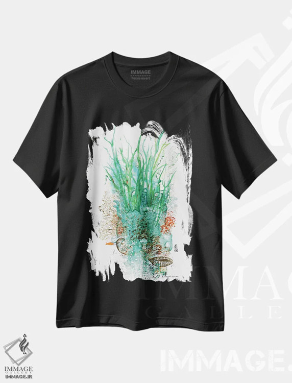 تیشرت مشکی طرح دار گیاهان اعماق ۱، تزئینی اثر کریستین ریشو | فروشگاه ایماژ