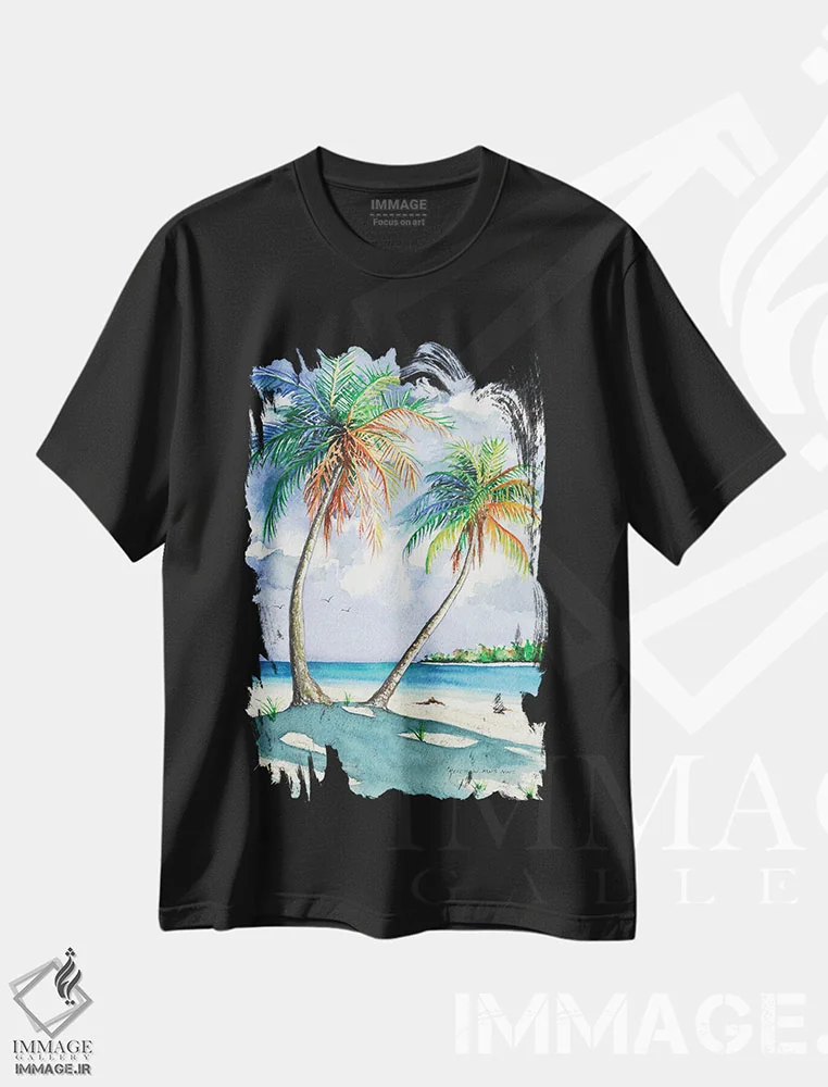 تیشرت مشکی طرح دار سایه نخل ها، تزئینی اثر کریستین ریشو | فروشگاه ایماژ