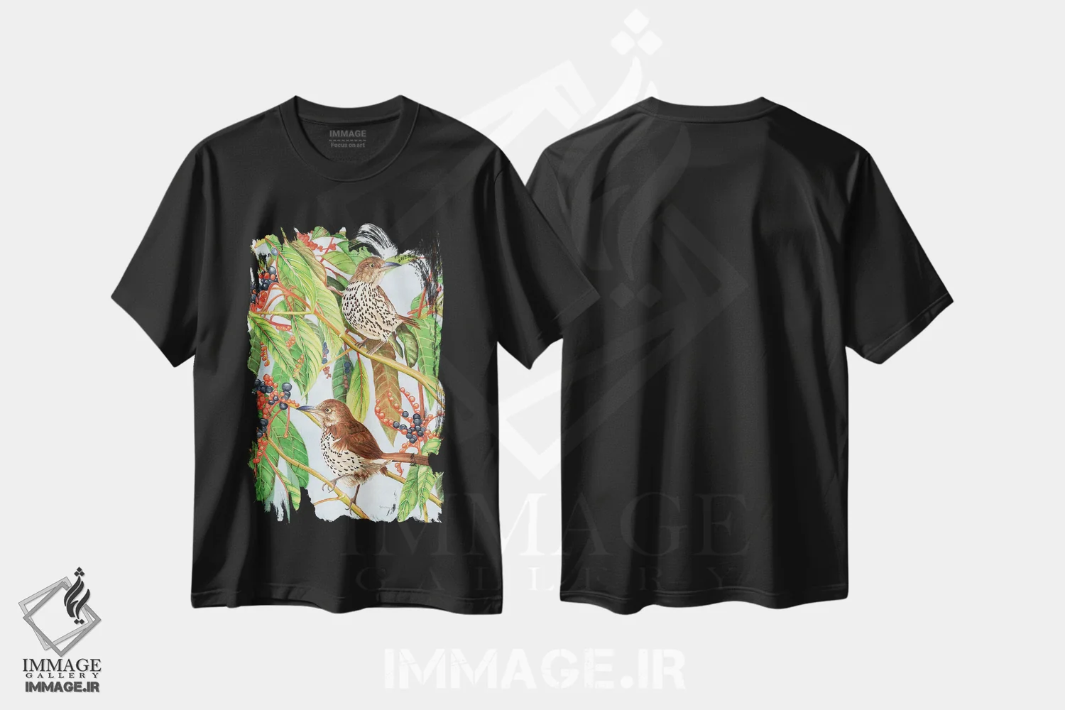 تیشرت مشکی طرح دار سینه سرخ قهوه ای، تزئینی اثر کریستین ریشو | فروشگاه ایماژ