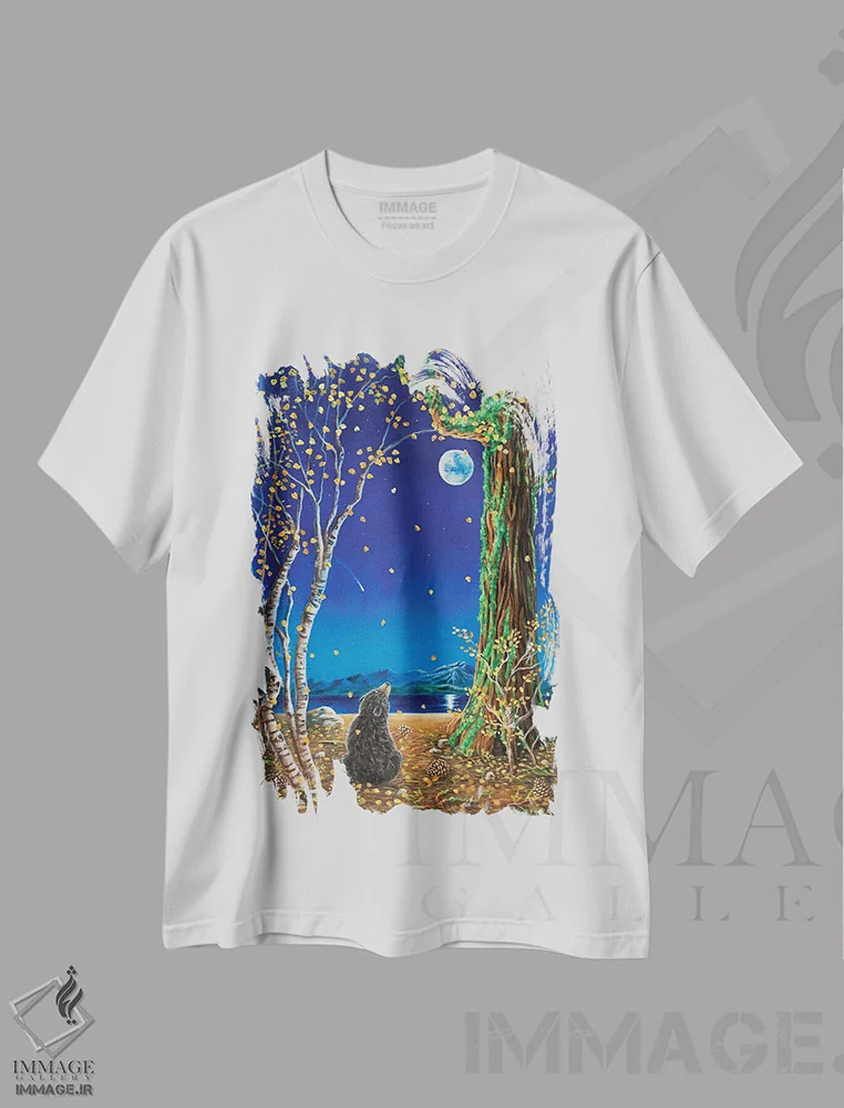 تیشرت سفید طرح دار یک غروب پاییزی، دکور معاصر اثر کتی مک کللند | فروشگاه ایماژ