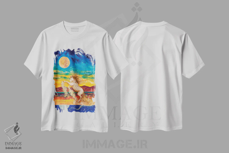تیشرت سفید طرح دار روح اسب نر، دکور معاصر اثر کتی مک کللند | فروشگاه ایماژ