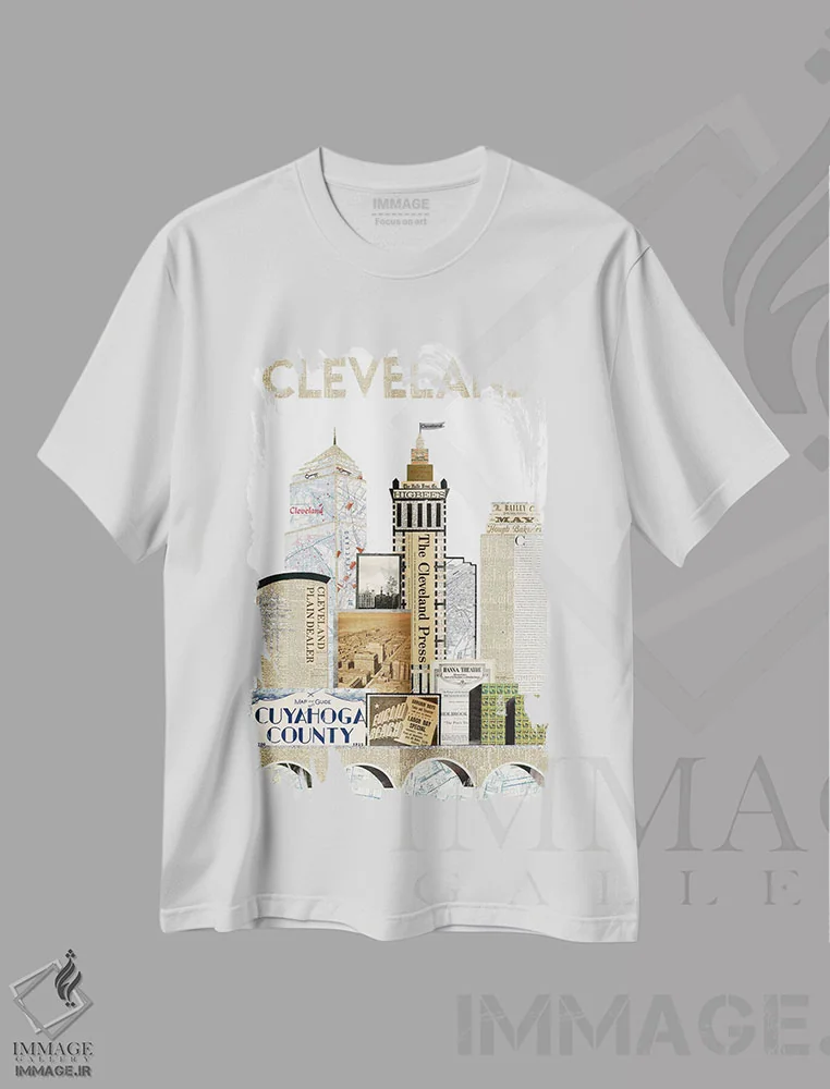 تیشرت سفید طرح دار نسخهٔ ویژهٔ افق کلیولند، تزئینی اثر پیپر کاتز | فروشگاه ایماژ