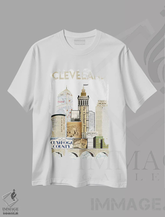 تیشرت سفید طرح دار نسخهٔ ویژهٔ افق کلیولند، تزئینی اثر پیپر کاتز | فروشگاه ایماژ