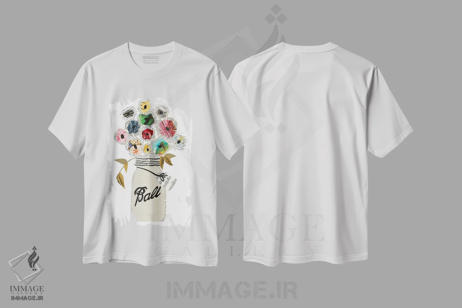 تیشرت سفید طرح دار دسته گل در شیشهٔ میسون، دکور روستایی اثر پیپر کاتز | فروشگاه ایماژ