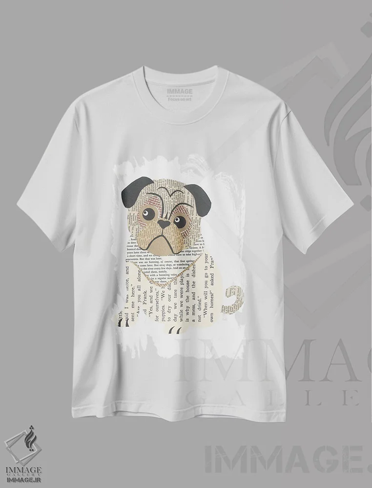 تیشرت سفید طرح دار پاگ، تزئینی اثر پیپر کاتز | فروشگاه ایماژ
