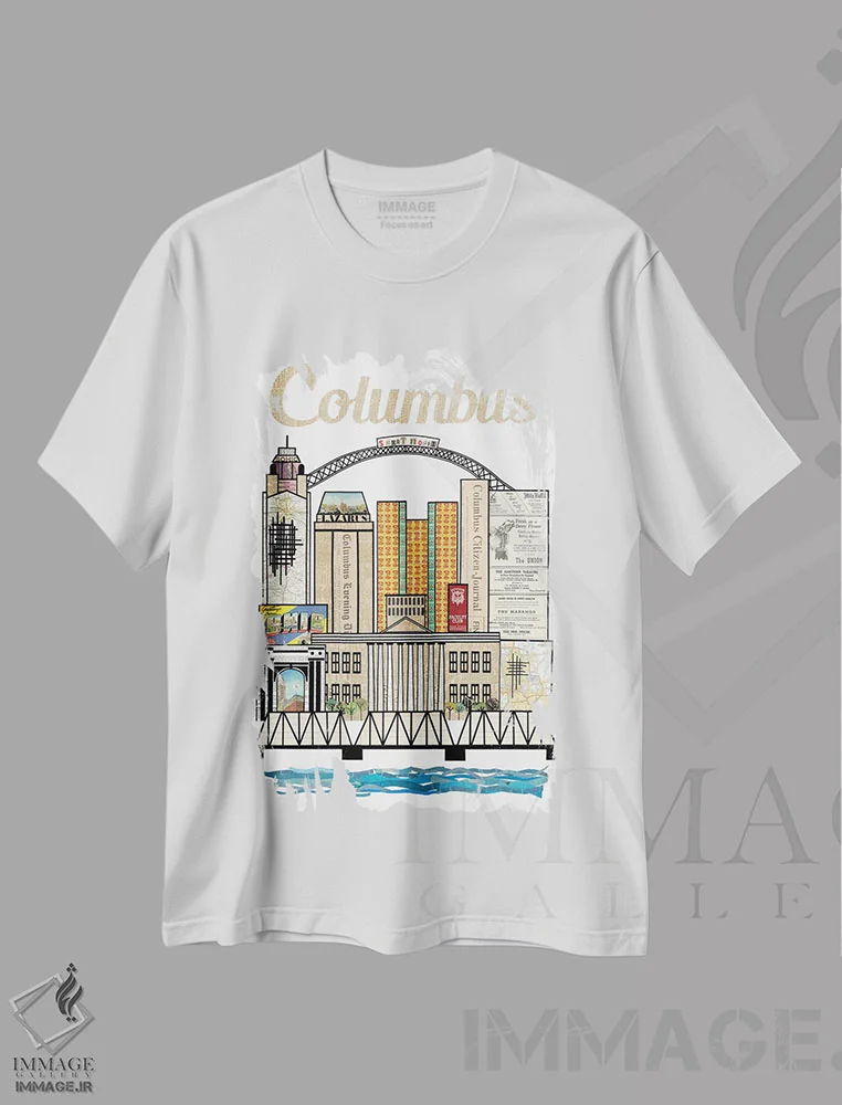 تیشرت سفید طرح دار خط افق عمودی کلمبوس اوهایو، تزئینی اثر پیپر کاتز | فروشگاه ایماژ