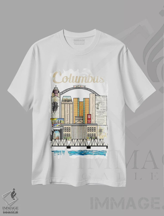 تیشرت سفید طرح دار خط افق عمودی کلمبوس اوهایو، تزئینی اثر پیپر کاتز | فروشگاه ایماژ