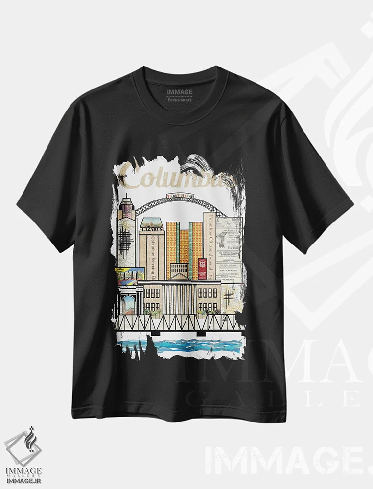 تیشرت مشکی طرح دار خط افق عمودی کلمبوس اوهایو، تزئینی اثر پیپر کاتز | immage.ir