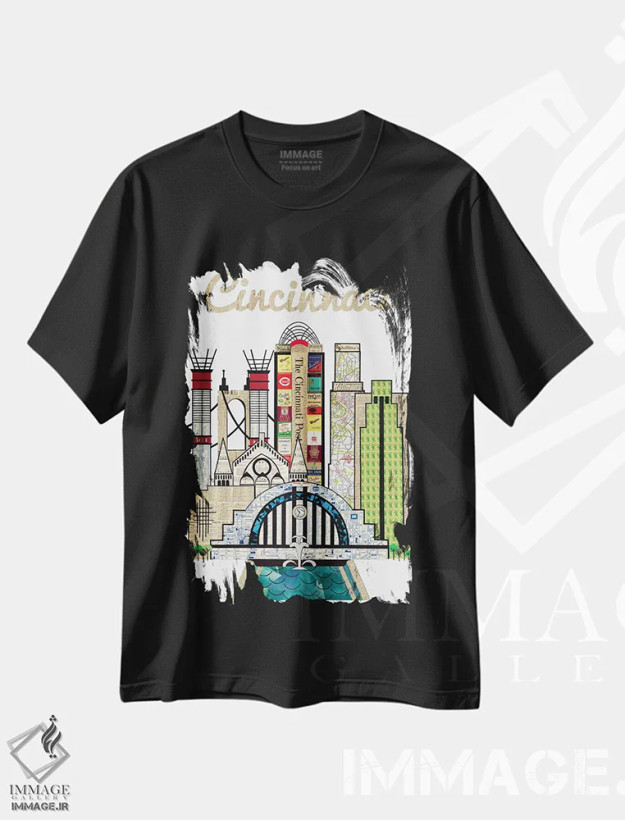 تیشرت مشکی طرح دار خط افق عمودی سینسیناتی، تزئینی اثر پیپر کاتز | فروشگاه ایماژ