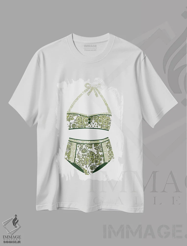 تیشرت سفید طرح دار بیکینی، دکور ساحلی اثر پیپر کاتز | فروشگاه ایماژ