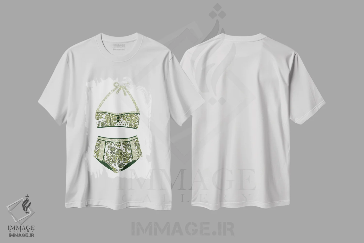 تیشرت سفید طرح دار بیکینی، دکور ساحلی اثر پیپر کاتز | فروشگاه ایماژ