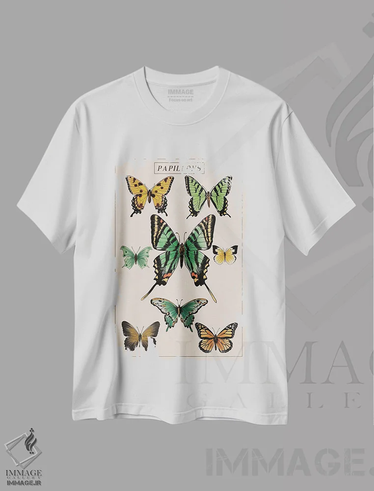 تیشرت سفید طرح دار نمودار پروانه های قدیمی، هنر دیجیتال اثر سَتردی ایونینگ پُست | immage.ir