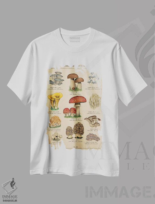 تیشرت سفید طرح دار نقشهٔ قدیمی قارچ شناسی، هنر دیجیتال اثر سَتردی ایونینگ پُست | فروشگاه ایماژ