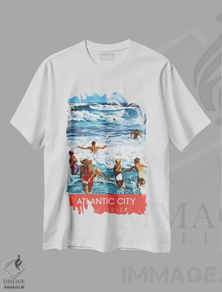 تیشرت سفید طرح دار سفر به سواحل آتلانتیک سیتی، هنر دیجیتال اثر سَتردی ایونینگ پُست | immage.ir