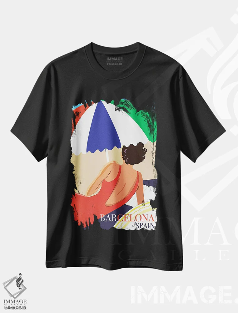 تیشرت مشکی طرح دار سفر به بارسلونا، هنر دیجیتال اثر سَتردی ایونینگ پُست | فروشگاه ایماژ