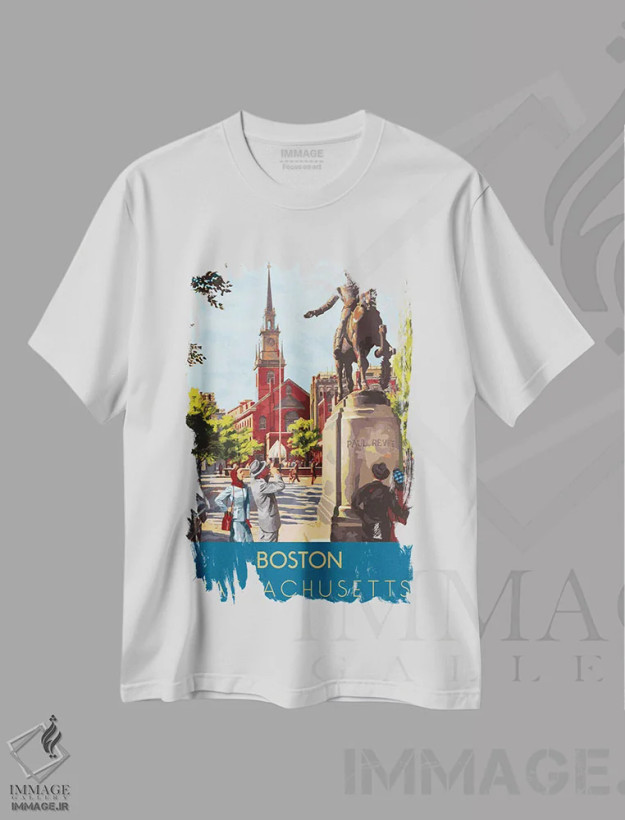 تیشرت سفید طرح دار سفر به بوستون، هنر دیجیتال اثر سَتردی ایونینگ پُست | فروشگاه ایماژ